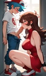 1boy 1girls ai_generated backwards_baseball_cap blowjob blue_hair boyfriend_(friday_night_funkin) breasts brown_hair canon_couple dress fellatio female friday_night_funkin girlfriend_(friday_night_funkin) hat huge_breasts jeans kneeling kosine1777 large_breasts long_hair male newgrounds oral oral_sex shirt shoes standing_blowjob t-shirt