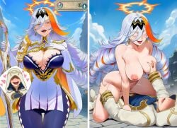 1boy 1girls 2koma ai_generated baldr_(fire_emblem_heroes) before_and_after before_sex breast_grab breasts cleavage cowgirl_position deity deity_on_mortal faceless_male female fire_emblem fire_emblem_heroes game_mechanics goddess grabbing_another's_breast groping instant_loss_2koma kiran_(fire_emblem) kiran_(fire_emblem)_(male) large_breasts male mature_female nude nude_male_clothed_female pussy sex summoning tittyg-ai vaginal_penetration white_hair