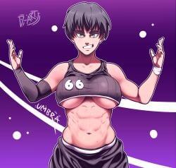1girls abs big_breasts black_hair breasts d-art female fit fit_female green_eyes grin gym_shorts looking_at_viewer original original_character posing posing_for_the_viewer short_hair stomach tomboy umbra_(d-art) underboob very_short_hair white_female