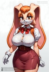 ai_generated animal_ears animal_nose artist_name bangs blush bow breasts cleavage collared_shirt cumsonics female furry furry_female gloves high-waist_skirt huge_breasts large_breasts looking_at_viewer metadata_request miniskirt model_request orange_hair patreon_username pleated_skirt puffy_sleeves red_bow shirt short_sleeves signature simple_background skirt smile snout solo sonic_(series) thick_thighs thighs twitter_username vanilla_the_rabbit white_background white_gloves white_shirt