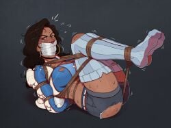 1girls america_chavez arms_behind_back arms_bound arms_bound_behind_back black_hair bondage brown_eyes denim denim_shorts earrings female fully_clothed gag gagged hoop_earrings kneehighs legs_bound marvel marvel_comics motion_lines muscular muscular_female rope rope_bondage simple_background skelebomb solo solo_female star sweat sweatdrop tape taped_mouth torn_clothes