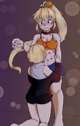 2girls artist female francine_(mahou_shoujo_tokushusen_asuka) kissing kissing_stomach kneeling light-skinned_female mahou_shoujo_tokushusen_asuka mia_cyprus shorts spaghetti_strap spats yuri