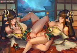 2girls ai_generated arm_support blush bottomless bottomless_female breasts cherry_blossoms closed_eyes female female/female female_only hinoa incest japanese japanese_clothes japanese_clothing japanese_house lantern large_breasts laying_down laying_on_back lesbian_sex lucakp minoto moaning monster_hunter monster_hunter_rise multiple_girls night patreon patreon_link patreon_logo patreon_url patreon_username pussy pussy_juice pussy_juice_drip pussy_kiss pussy_lips pussy_to_pussy scissoring shaved_pussy sister_and_sister sitting sitting_on_floor spread_legs sweat sweating tagme thighs tribadism yuri