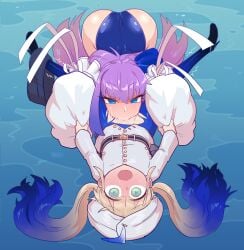 1boy 1girl1boy blonde_hair blowjob blue_eyes blush captain_nemo_(fate) deepthroat fate_(series) fellatio female green_eyes light_skin male meltryllis meltryllis_(swimsuit_lancer)_(fate) nemo_(fate) purple_hair slim swimsuit thetenk twintails youdan