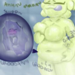 1:1 anthro assertive_female belly blush breasts duo featureless_breasts felid feline female gastropod inside_stomach internal larger_female male male/female mammal mollusk overweight overweight_female rumbling_stomach silly_roll size_difference slim_male slime slug smaller_male submissive submissive_male vore