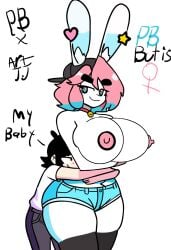 artist_signature big_breasts breasts breasts_out bunny_ears bunny_girl couple female hug oc peanut_butter_(theycallhimcake) simple_background straight_sex