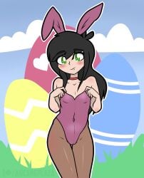 arc_(arcanepengi) arcanepengi bunnysuit easter easter_eggs female flat_chest pink_bunny_ears pink_bunnysuit pussy red_choker vagina_visible_through_clothing