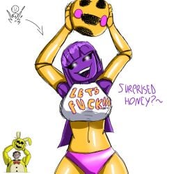 female five_nights_at_freddy's meme pink_panties purple_body purple_girl purple_guy_(fnaf) reference_image robot_girl suit toy_chica_(fnaf) wendy_afton william_afton