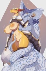 anthro apode areola biped bodily_fluids clothed clothing cobra draconcopode duo emmyliquid female genitals hi_res lactating legless legwear male male/female mouth_closed naga nipples pupils pussy reptile scalie serpentine simple_background smile snake thick_thighs thigh_highs three-quarter_view vulva