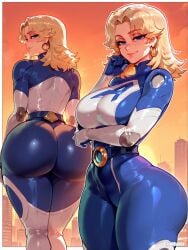 1girls ai_generated ass big_ass big_breasts blonde_hair blue_eyes breasts difuxer earrings female invisible_woman invisible_woman_(marvel_rivals) large_ass looking_at_viewer marvel marvel_comics marvel_rivals sue_storm suit tagme thick_thighs thighs