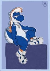 2025 ajax_(ajaxuoff) anthro biped blue_background blue_body blue_border blue_skin blue_tail blue_yoshi blush border clothing dated digital_drawing_(artwork) digital_media_(artwork) flaccid footwear footwear_only genitals gradient_penis grin hair hand_on_knee hand_on_leg hi_res jewelry kickingkeldeo looking_at_viewer male mario_bros mostly_nude multicolored_body multicolored_penis multicolored_skin necklace nintendo orange_clothing orange_footwear orange_socks penis pink_penis shoes shoes_only side_view signature simple_background sitting smile socks solo tail two_tone_body two_tone_penis two_tone_skin white_body white_clothing white_footwear white_hair white_penis white_shoes white_skin white_tail yoshi