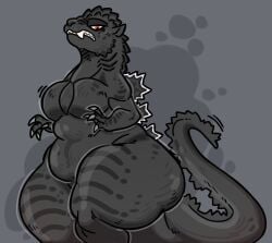 angry_face big_ass big_thighs black_skin breasts cellulite chubby chubby_anthro chubby_belly chubby_female claws domadordedinozz fat_ass female godzilla godzilla_(series) looking_down orange_eyes sharp_claws sharp_teeth simple_background small_arms tagme thick_tail torururuu_