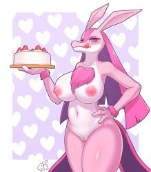 absurd_res anthro areola big_breasts breasts cake coolryong dessert female food fur genitals hair heart_symbol hi_res lovander nipples nude pal_(species) palworld pink_body pocketpair pussy smile solo thick_thighs tongue vulva