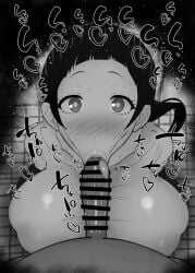 1boy 1girls :>= big_breasts big_penis black_and_white blush breasts censored detailed_background drooling enen_no_shouboutai eyelashes fellatio female human indoor inside kneeling kurotama long_hair looking_at_viewer male male_pov oral oral_sex penis pov room saliva shiny shiny_skin sketch sound_effects squatting sweat text tongue_out vein veins veiny veiny_penis