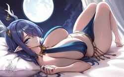 absurdres antler_ornament artist_name bare_shoulders bed bed_sheet blue_eyes blue_nails breasts cleavage closed_mouth cloud commentary crossed_bangs curtains english_commentary feet female full_body full_moon genshin_impact gold_jewelry hair_between_eyes hair_over_one_eye hair_spread_out halterneck harem_outfit highres horns knees_up large_breasts lauma_(genshin_impact) legs long_hair looking_at_viewer lying moon moonlight nail_polish navel night night_sky on_back on_bed pelvic_curtain pillow pointy_ears purple_hair sidelocks sky smile soles solo stomach thighs unstableboiler very_long_hair watermark