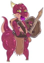 alpha_channel anthro ass balls belt_only big_balls big_bulge big_butt bottomwear broken_horn bulge cheek_horn clothed clothing desbjust eeepoe_(desbjust) full-length_portrait genitals heart_eyes heart_symbol horn kobold lips loincloth looking_at_viewer male melee_weapon nipples portrait scalie scar shield skimpy solo sword thick_bottom_lip thick_thighs weapon yellow_eyes
