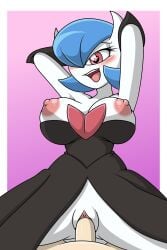 2:3 areola armwear big_breasts black_armwear black_clothing black_dress blue_hair blush blush_lines border breasts chest_spike clothing dress duo eyelashes female female_on_top first_person_view generation_6_pokemon genitals hair hair_over_eye hands_behind_head heart_eyes heart_symbol hi_res human humanoid male male/female mammal mega_evolution mega_gardevoir nintendo nipples on_top open_mouth open_smile penetration penis pink_areola pink_eyes pink_nipples pokemon pokemon_(species) purple_background pussy shiny_pokemon short_hair simple_background smile sonicguru spikes spikes_(anatomy) tan_body tan_skin thick_thighs vaginal_penetration vulva white_body white_border wide_hips
