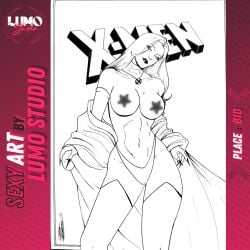 black_and_white breasts breasts_out censored censored_nipples emma_frost female hellfire_club jack_lynxes large_breasts lumo_studio marvel marvel_comics topless topless_female white_queen x-men