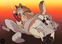 69_position animal_genitalia animal_penis animal_vulva anthro anus bodily_fluids brown_body brown_fur canid canine canine_genitalia canine_penis canine_vulva canis cum cumshot cunnilingus duo ejaculation female fur genital_fluids genitals gradient_background grey_body grey_fur hi_res holding_penis jetraraven knot knotted_penis licking looking_back lying male male/female mammal nude nude_anthro nude_female nude_male on_back open_mouth oral orange_background pawpads paws penile penis penis_lick rear_view red_background sex simple_background tongue tongue_out vaginal_penetration vulva wolf yellow_background