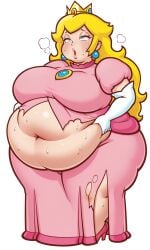 1girls ai_assisted ai_generated big_belly blonde_hair clothed crown dress fat fat_female fat_fetish female morbidly_obese morbidly_obese_female obese obese_female princess_peach ripped_clothing rolling_eyes super_mario_bros. sweat sweaty weight_gain weight_gain_female