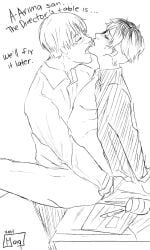 2015 2boys arima_kishou black_and_white blush blush blush_lines english english_dialogue gay gay_male gay_sex glasses hand_on_ass kaneki_ken light-skinned_male light_skin male male/male male_only marco-ro-jean no_visible_genitalia open_clothes open_mouth open_shirt sasaki_haise shirt sitting sitting_on_desk sketch sweat sweatdrop sweating tokyo_ghoul tokyo_ghoul:re yaoi