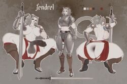 anthro anus areola armor aslinino ass balls big_breasts big_butt big_penis bodily_fluids boots breasts clothing crouching digital_media_(artwork) erection felid feline fingers footwear fur genital_fluids genitals gynomorph hair hand_on_butt holding_melee_weapon holding_object holding_sword holding_weapon humanoid_genitalia humanoid_penis intersex leaking_precum mammal medieval medieval_armor melee_weapon model_sheet mostly_nude nipples penis precum precum_string rear_view shoes simple_background solo spread_legs spreading standing sword tail thick_thighs vein veiny_penis warrior weapon wide_hips