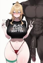 1boy 1boy1girl 1girl1boy 1girls after_rape after_sex after_vaginal ai_assisted black_lives_matter black_nails black_shirt blonde_hair blue_eyes blush cum cum_drip cum_in_mouth cum_on_body curvy curvy_body curvy_female curvy_figure curvy_hips dark-skinned_male dark_skin double_v embarrassed female genshin_impact hand_on_shoulder hoyoverse huge_breasts jean_gunnhildr looking_away mihoyo netorare nipple_bulge nipples_visible_through_clothing ntr peace_sign red_thong sweat sweatdrop sweating thick thick_legs thick_thighs thigh_strap thighs thong truck-kun_art truck_kun wide_hips