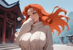 ai_generated architecture bangs black_nails blush breasts building cloud day east_asian_architecture female female female_only floating_hair hentaipresident huge_breasts large_breasts lips long_hair long_nails long_sleeves orange_eyes orange_hair original outdoors parted_bangs parted_lips red_hair ribbed_sweater sky smile solo sweater upper_body upper_teeth