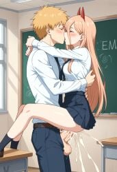 ai_generated chainsaw_man chatrule.ai classroom cum_in_pussy cum_inside embrace kissing power_(chainsaw_man) pussy school_uniform skirt skirt_lift stand_and_carry_position vaginal_penetration