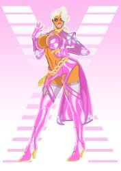 ass banedearg big_breasts bimbo bimbofication blue_eyes breasts chains cleavage diamond ear_piercing emma_frost emma_frost_(marvel_rivals) emma_frost_(x-revolution) exposed_stomach eyeshadow female gold_nail_polish gyaru gyarufication heels hourglass_figure jewelry marvel marvel_rivals nail_polish navel pink_lipstick rings simple_background stomach warrings white_hair