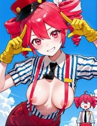 1girls ai_generated areolae big_breasts blouse blush breasts chibi chibi_inset curvaceous curvy curvy_female curvy_figure exposed_breasts female female_only gloves hair_ornament hairbow hat kasane_teto kasane_teto_(sv) large_breasts mesmerizer_(vocaloid) mesmerizer_teto mv_character necktie nipples no_bra open_blouse open_shirt pants posing red_eyes red_hair setzerstaffel shiny_skin simple_background smile solo solo_female suspenders synthesizer_v twin_drills utau