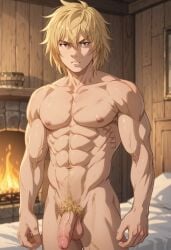 abs ai_generated arm_up armpit armpit_hair athletic athletic_male balls blonde_hair blonde_hair_male fit_male flaccid_penis hands_behind_head indoors light-skinned_male long_hair male male_focus male_only messy_hair muscular muscular_male naked_male nude_male pale-skinned_male pecs penis pubic_hair stable_diffusion testicles thorfinn toned toned_body toned_male viking vinland_saga