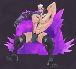 armpit armpit_hair bara blonde_hair crystal drool findlay_docherty gay happy_trail hazard_(overwatch) inviting inviting_to_fuck inviting_to_sex limbs muscular muscular_male muscular_thighs overwatch overwatch_2 prosthetic sweat sweating teems teemsdraws thong throne yaoi