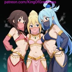 3d ai_generated alternate_costume aqua_(konosuba) belly_dancer belly_dancer_outfit darkness_(konosuba) female kono_subarashii_sekai_ni_shukufuku_wo! konosuba megumin mouth_veil pink_clothes seductive sexy veil