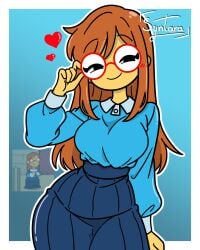 big_glasses blue_skirt blush bra breasts dot_eyes female hairy hairy_pussy half-closed_eyes hourglass_figure iamsyntara innocent kindergarten_(game) kindergarten_3 light_blue_shirt long_hair looking_at_viewer medium_breasts ms._lovelett nerd orange_hair panties pussy red_glasses sexy simple_background simple_coloring simple_shading smile solo teacher wide_hips