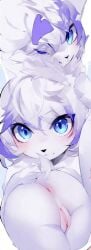 ai_generated anus ass blue_eyes cat_ears cat_girl cat_humanoid cat_tail catgirl closed closed_eye closed_eyes_smile feline furry furry_ass furry_cat furry_female furry_pussy purple_hair purple_hair_ornament pussy white_background white_fur white_hair