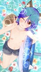 3d areolae benji_(senpien’t) blue_and_purple_hair denim_shorts dog_ears dyed_hair flowers grin kemonomimi koikatsu mastectomy_scar necklace nipples pool_toy pose red_eyes senpien’t tagme top_surgery_scars transmasc v-sign water winking_at_viewer