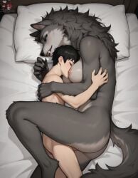 ai_generated anthro anthro_wolf blue_eyes closed_eyes completely_nude embrace face_in_chest female furry half-closed_eyes head_between_breasts hug human_male human_male_on_anthro_female larger_female male medium_breasts nipples on_bed on_side penis sex size_difference smaller_male straight vaginal_penetration werewolf zorkpics