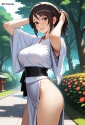 1girls ai_generated amagami big_ass big_breasts brown_eyes brown_hair day dtkai flowers hands_in_hair japanese_clothes large_ass large_breasts long_hair looking_at_viewer nature open_clothes outside park ponytail smile takahashi_maya tree