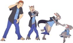 2018 anthro ass barefoot bottomless breasts clothed clothing disney falling female gender_transformation hair human human_to_anthro judy_hopps lagomorph male mammal mtf_transformation open_mouth pants pussy rabbit scared sequence shirt short_hair shrinking simple_background solo standing surprise tf-sential transformation white_background zootopia