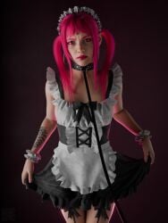 3d aleksor athletic athletic_female collar ellie_(the_last_of_us) ellie_williams female female_focus hourglass_figure leash leash_and_collar long_hair maid maid_headdress maid_outfit maid_uniform makeup pink_hair tagme tattoo the_last_of_us the_last_of_us_2 twintails