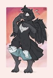 2025 4_toes 5_fingers alternate_version_at_source andromorph anthro assisted_exposure avian avian_feet avian_legs beak biped bird black_body black_feathers blue_bottomwear blue_clothing blue_shorts blush border bottomwear bottomwear_down clitoris clothed clothing corvid corvus_(genus) dated digital_drawing_(artwork) digital_media_(artwork) digitigrade disembodied_hand duo feathers feet film_grain fingers front_view genitals hi_res intersex kai_(eehh) kickingkeldeo mastectomy_scar offscreen_character oscine pants pants_down partially_clothed passerine raven scar shadow shorts shorts_down signature solo standing swimming_trunks swimwear tail tail_feathers toes trans_(lore) trans_man_(lore) tuft vulva white_border wings
