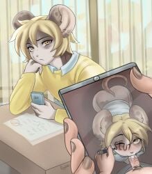 anthro ass ass_up blackmail blonde_hair blush blushing_at_viewer bodily_fluids buddy_cassini clothing cum cum_in_mouth cum_inside digital_media_(artwork) duo ejaculation electronics embarrassed extortion fellatio femboy fur fur_markings gay gay_male genital_fluids genitals hair hi_res inside intimidation looking_at_viewer male male/male mammal markings message murid murine nude_male oral orange_eyes penile penis phone phone_camera phone_screen pubes rat rodent rogbiejoke sex solo spots spotted_body spotted_fur submissive submissive_male sucking sweater topwear yaoi