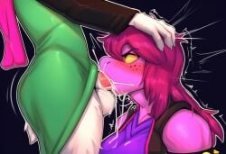 ai_generated angry cum_in_mouth cum_inside embarrassed exposed_penis femdom femsub penis_in_mouth ralsei ralsei_with_white_fur straight susie_(deltarune)