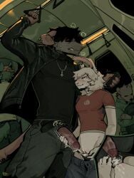2025 3:4 absurd_res alternate_version_at_source andromorph andromorph/male anthro belt black_clothing black_hair bodily_fluids bottomwear clothed clothing cum cum_on_panties cum_on_vulva cumshot denim denim_bottomwear denim_clothing detailed_background ejaculation fur genital_fluids genitals grey_body grey_fur hair hi_res humanoid_genitalia humanoid_penis innie_vulva intersex intersex/male interspecies jacket jeans jeans_down jewelry lagomorph leather leather_clothing leather_jacket leather_topwear leporid male mammal murid murine necklace pants partially_clothed penis penis_poking_out penis_through_fly plague_r4tt precum public public_exposure public_sex public_transportation rabbit rapid_transit rat rodent sex sgguzz shirt sweater t-shirt topwear turtleneck underwear underwear_down vulva