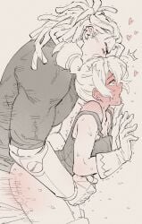 1boy against_wall aroused ass_blush bare_arms bare_shoulders blush bottomless breasts cleavage closed_eyes clothed_sex cookie_run cookie_run:_ovenbreak cowboy_shot croissant_cookie dreadlocks ear_blush ear_piercing female flying_sweatdrops from_side full-face_blush gauntlets gloves grey_background greyscale hair_behind_ear heart high_ponytail highres hjoe8 humanization looking_up medium_hair monochrome motion_lines muscular muscular_male open_mouth piercing ponytail profile sex sex_from_behind shirt short_hair simple_background size_difference spot_color standing standing_sex straight string_gummy_cookie sweat tank_top teeth torogao u_u upper_teeth