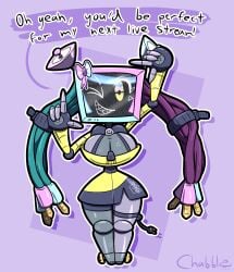 1girls breasts chabble female huge_breasts iono_(pokemon) large_breasts monitor_head multicolored_hair pokemon pokemon_sv robot robot_girl robotization screen_face television tv_head wire wire_hair wires