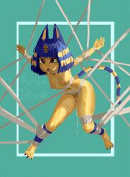 absurd_res animal_crossing animal_humanoid ankha_(animal_crossing) anthro arms_tied bandage blue_hair blush bodily_fluids bondage bondage bound cat_humanoid choker clothing cum cum_drip cum_in_mouth cum_inside dripping egyptian egyptian_clothing egyptian_headdress egyptian_mythology embarrassed felid felid_humanoid feline feline_humanoid felis female fur genital_fluids hair heart_eyes heart_symbol hi_res humanoid jewelry legs_tied mammal mammal_humanoid middle_eastern_mythology multicolored_body multicolored_fur mythology neck_tied necklace nintendo painting_(artwork) purple_eyes renablush restraints rope rope_bondage short_stack solo tongue tongue_out yellow_body