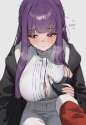 1boy 1girls ai_generated big_breasts black_robe blunt_bangs blush breast_grab breasts dress fern_(sousou_no_frieren) fully_clothed large_breasts light-skinned_female light_skin open_clothes open_shirt purple_eyes purple_hair robe sousou_no_frieren stark_(sousou_no_frieren) straight_hair tagme white_dress