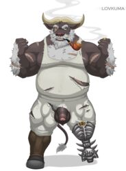 1boy ahab_(tokyo_afterschool_summoners) amputee anthro balls beard bottomless bulge clothed clothing facial_hair flaccid furry horn lovkuma male male_only moustache pegleg penis pipe sailor scar smoking solo tokyo_afterschool_summoners uncut water_buffalo